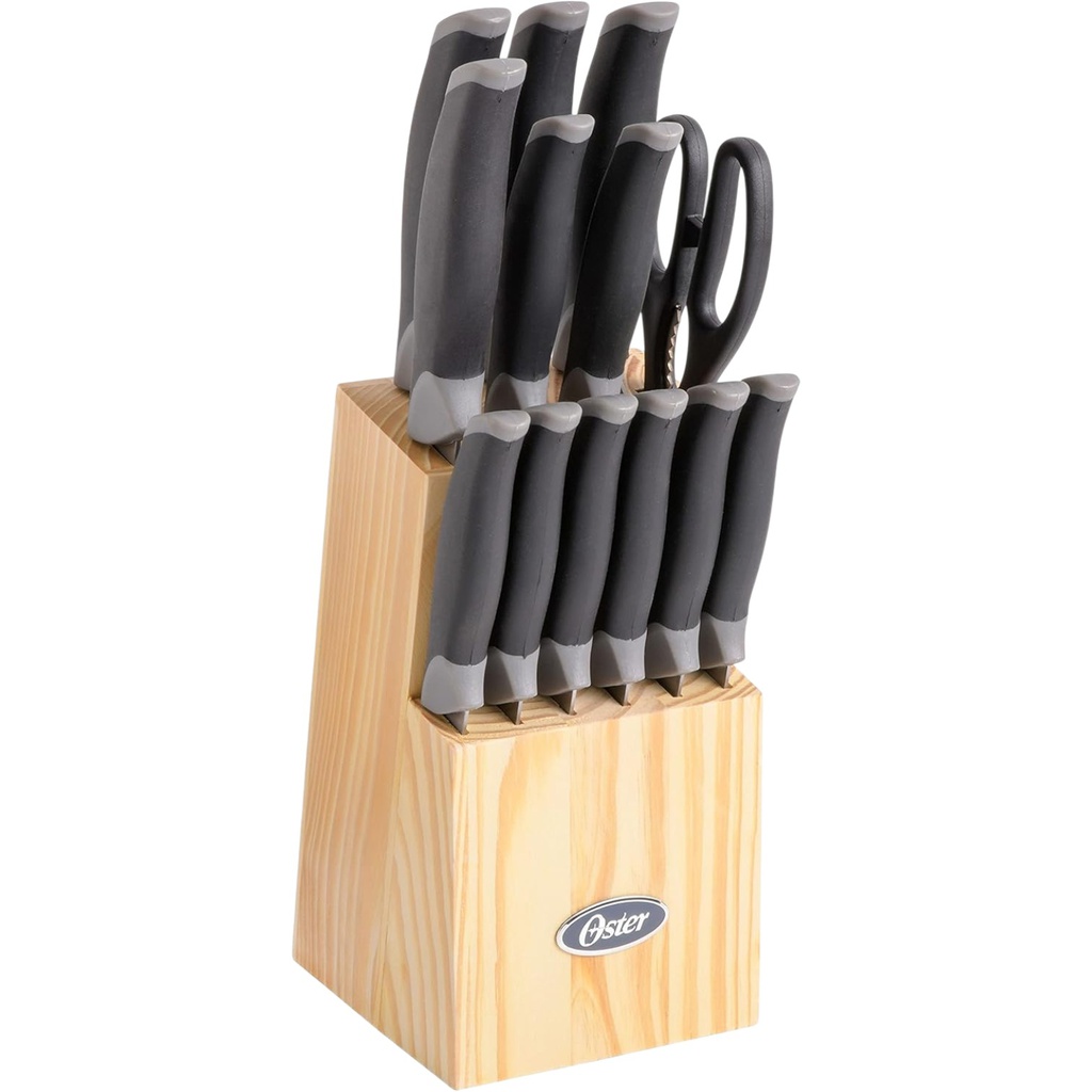 Oster Lindbergh 14pc Knife Set with Pine Block, Black Handle