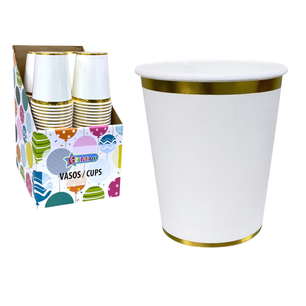 Glitter 10pc Paper Cups 9oz. Silver / White 
