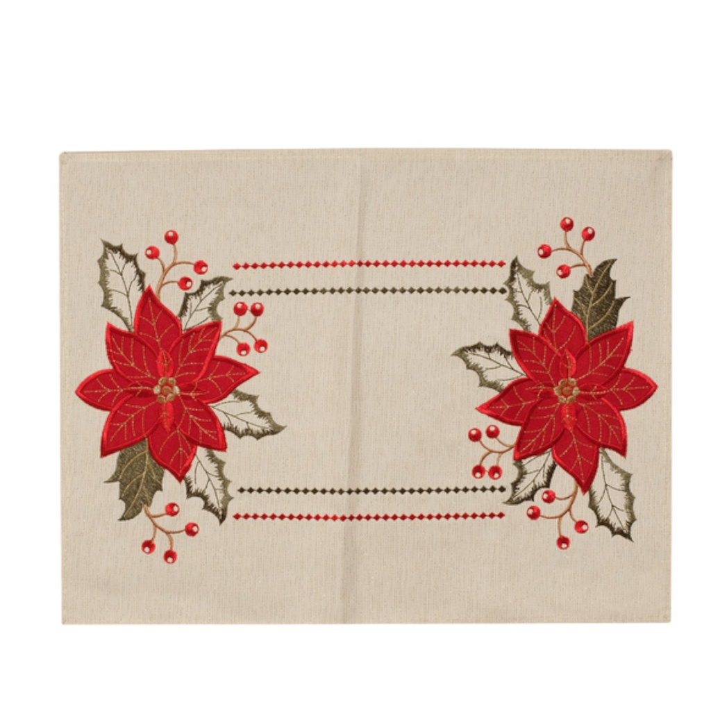 ^Miro Placemat and Table Runner Set, Poinsettia 13 x 70 In., White/ Red
