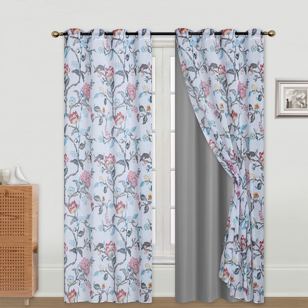Classy Homes Blackout Curtain 2pc Set / 1pc Printed Dolly Sheer, 1pc Solid Microfiber
