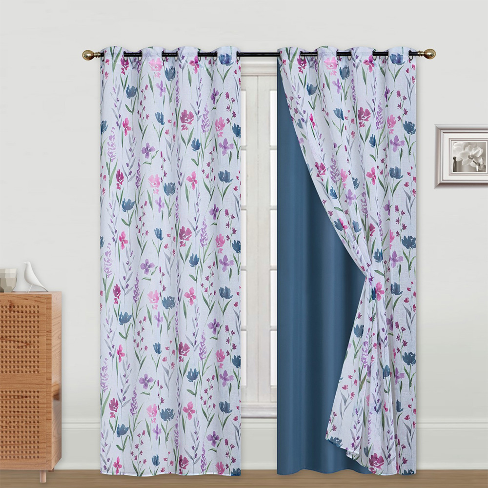 Classy Homes Blackout Curtain 2pc Set / 1pc Printed Dolly Sheer, 1pc Solid Microfiber
