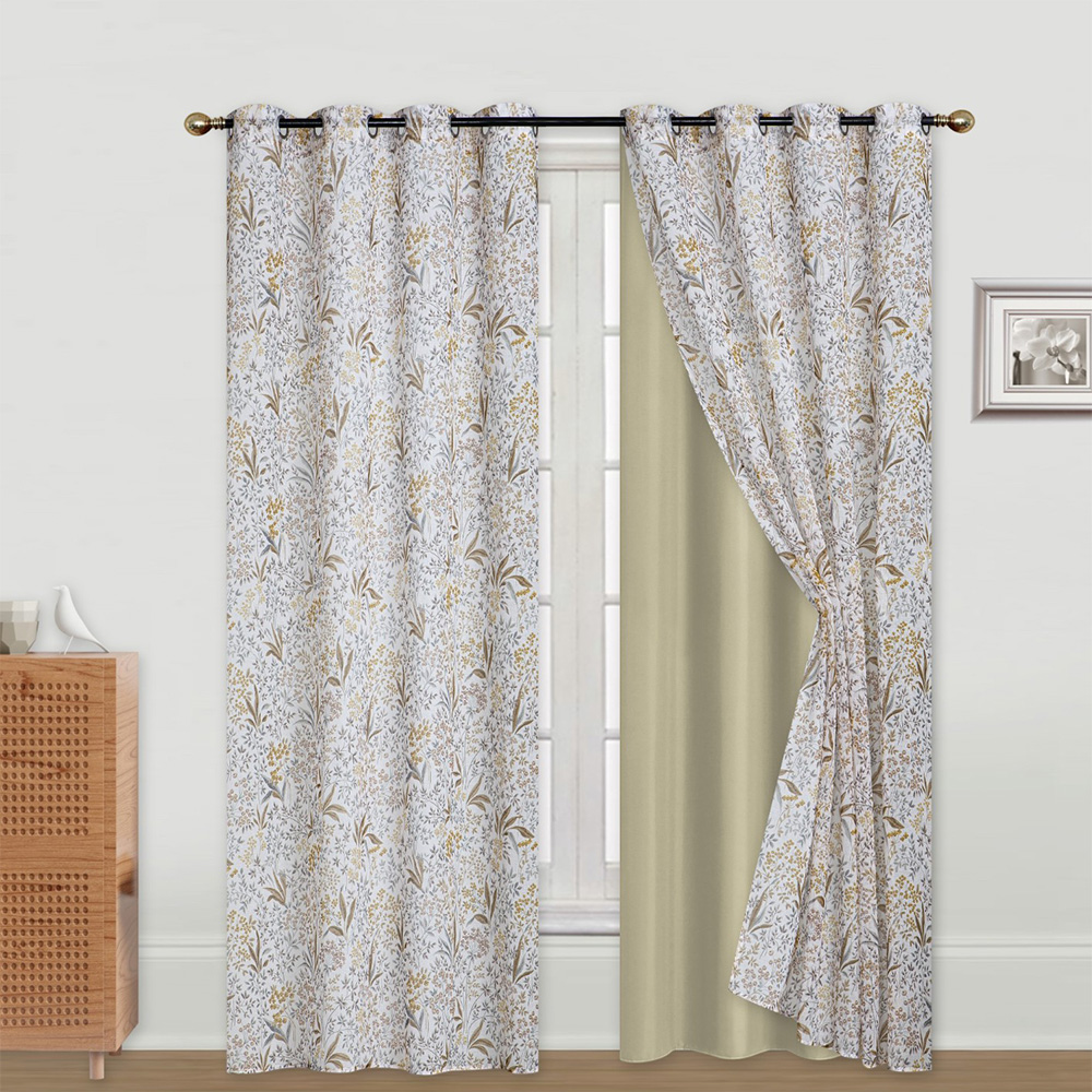 Classy Homes Blackout Curtain 2pc Set / 1pc Printed Dolly Sheer, 1pc Solid Microfiber