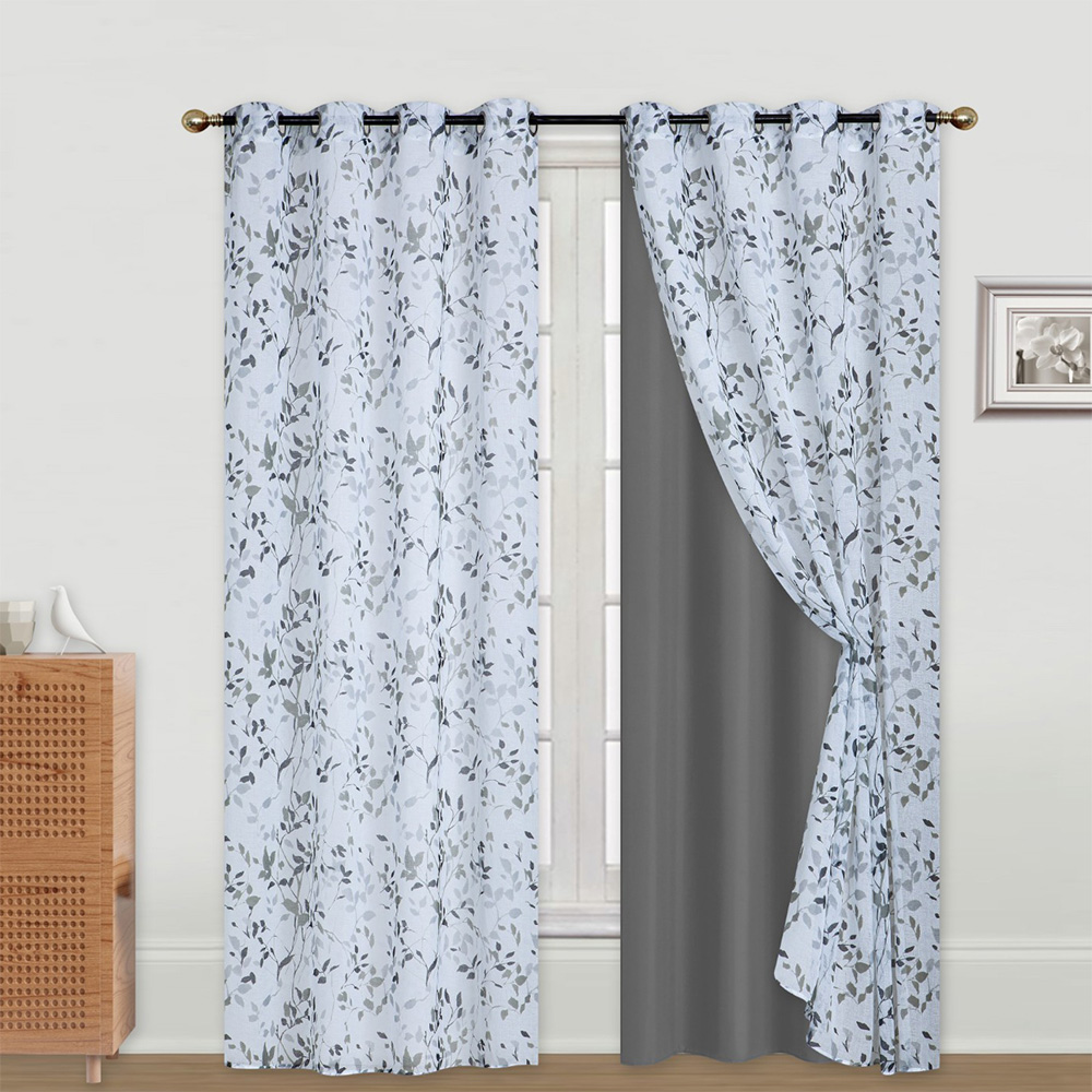 Classy Homes Blackout Curtain 2pc Set / 1pc Printed Dolly Sheer, 1pc Solid Microfiber