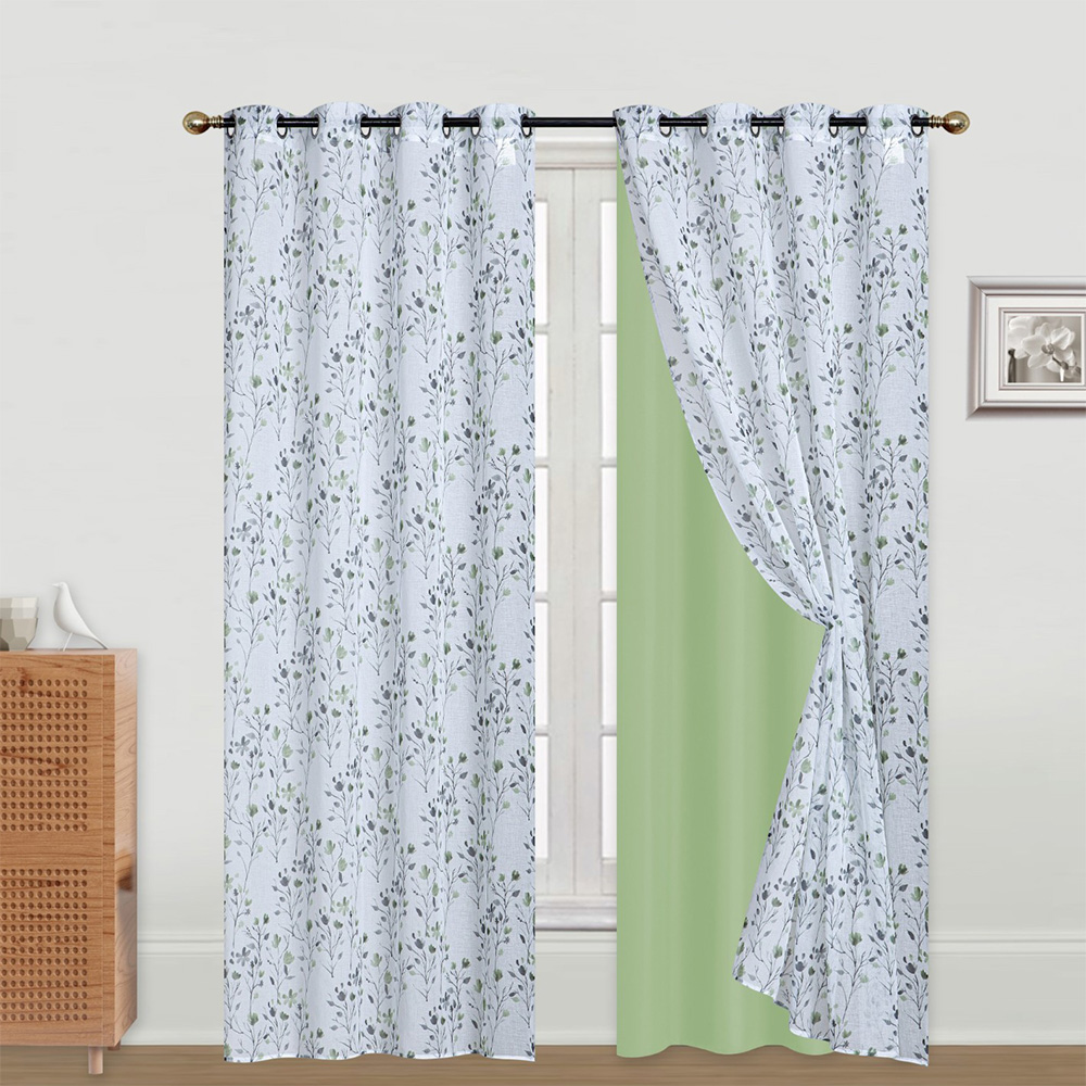 Classy Homes Blackout Curtain 2pc Set / 1pc Printed Dolly Sheer, 1pc Solid Microfiber