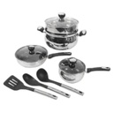 Oster Baldwyn 10 Piece Nonstick Cookware Set with Kitchen Tools, Stainless Steel/ Black