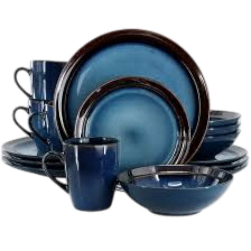 Gibson Elite Priya 16 Piece Stoneware Dinnerware Set, Reactive Glaze Blue