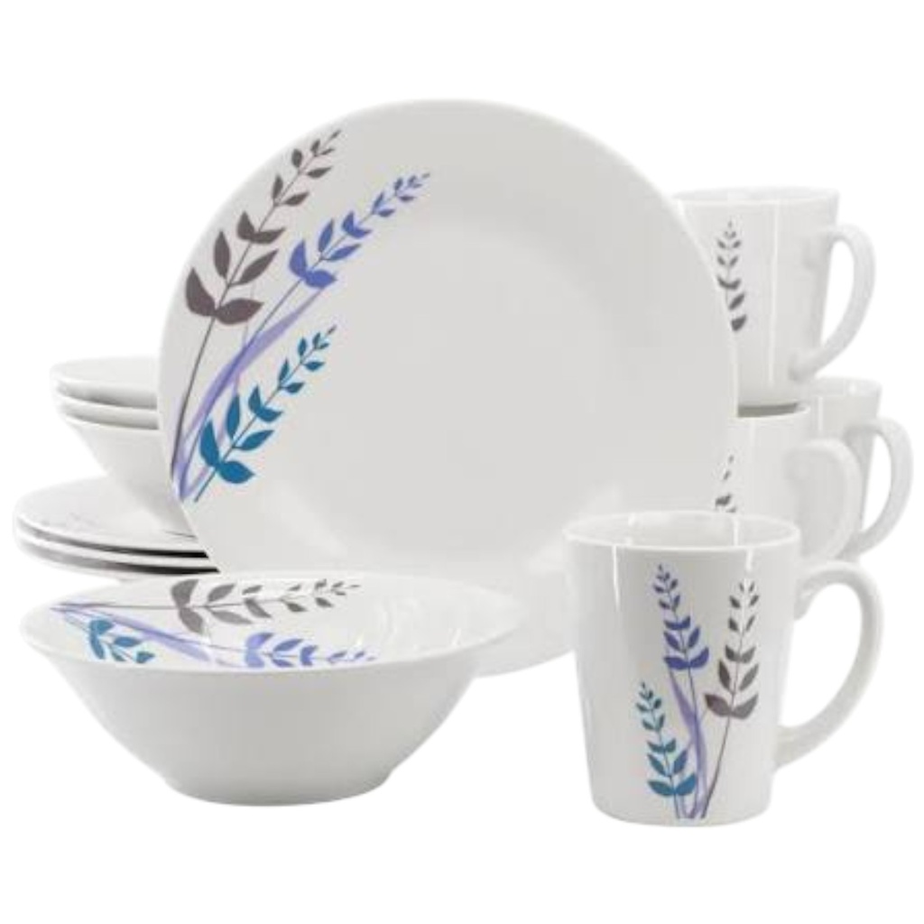 Gibson Home Blue Leaves 12 Piece Fine Ceramic Decorated Dinnerware Set, White
