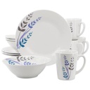 Gibson Home Blue Leaves 12 Piece Fine Ceramic Decorated Dinnerware Set, White
