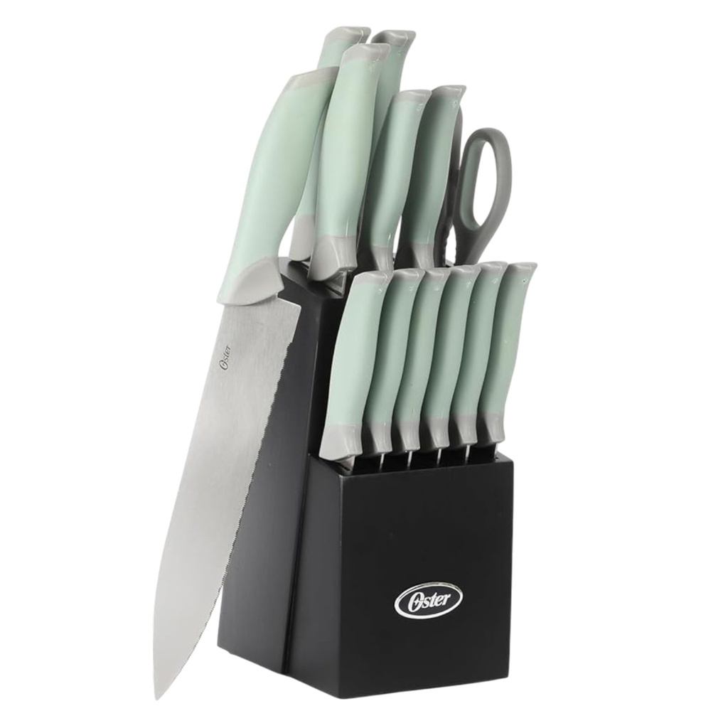 Oster Lindbergh 14 Piece Knife Set with Block, Soft Grip Handles, Sage Green
