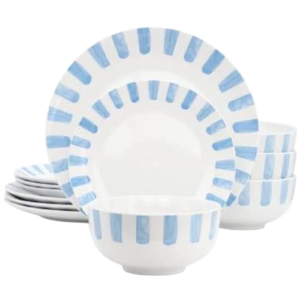 Gibson Home Pacific Waves 12 Piece Fine Ceramic Dinnerware Set, Blue