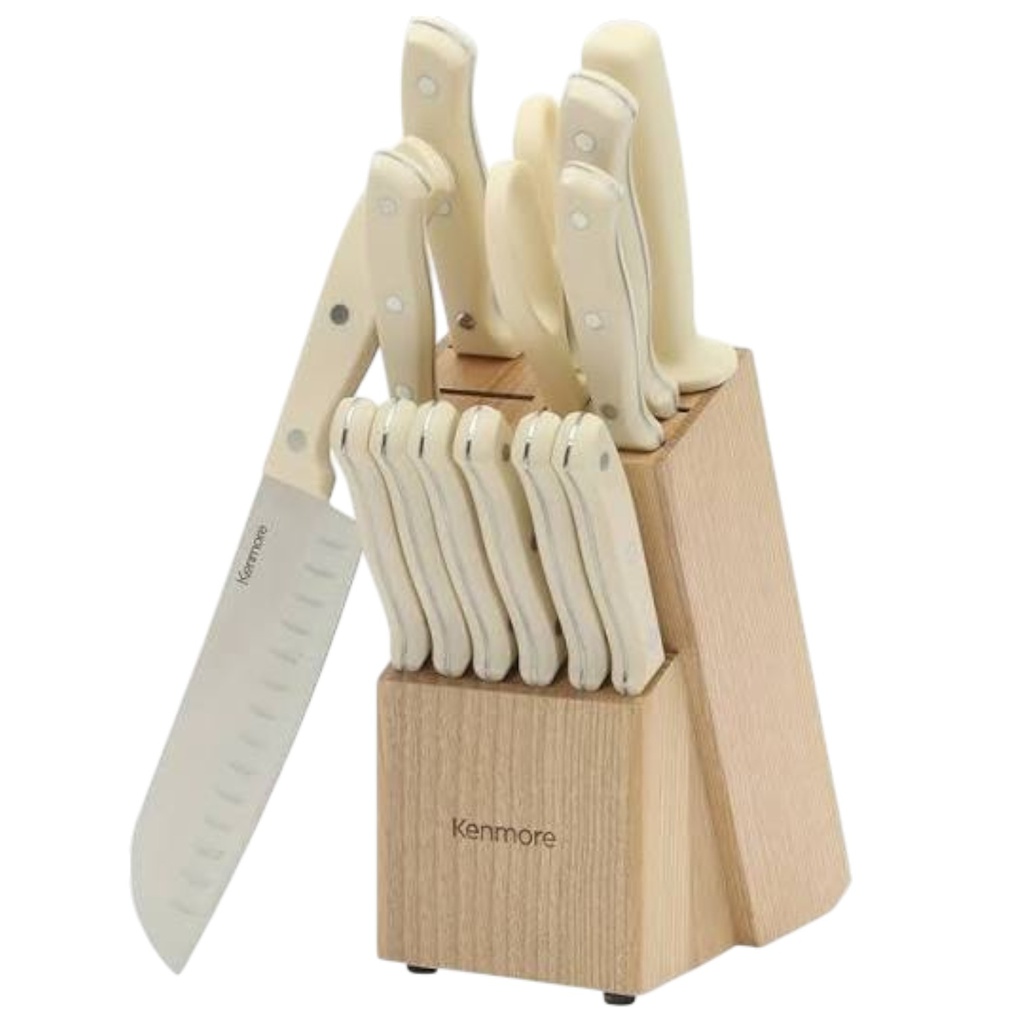 Kenmore Kane 14 Piece Cutlery Set with Linen Block, Stainless Steel / Ecru