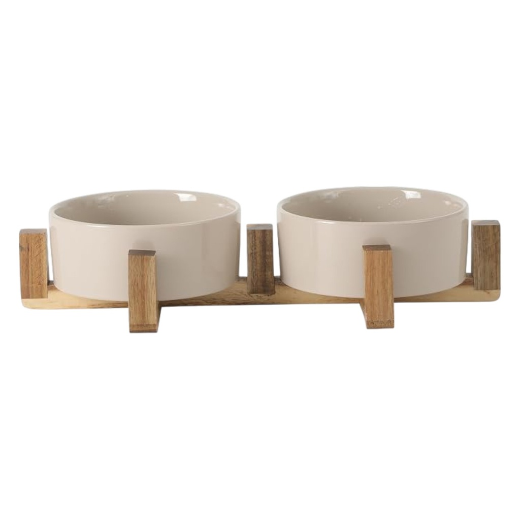 Gibson Home Zoomie Bites 3 Piece Pet Bowl Set with Acacia Wood Stand, Taupe