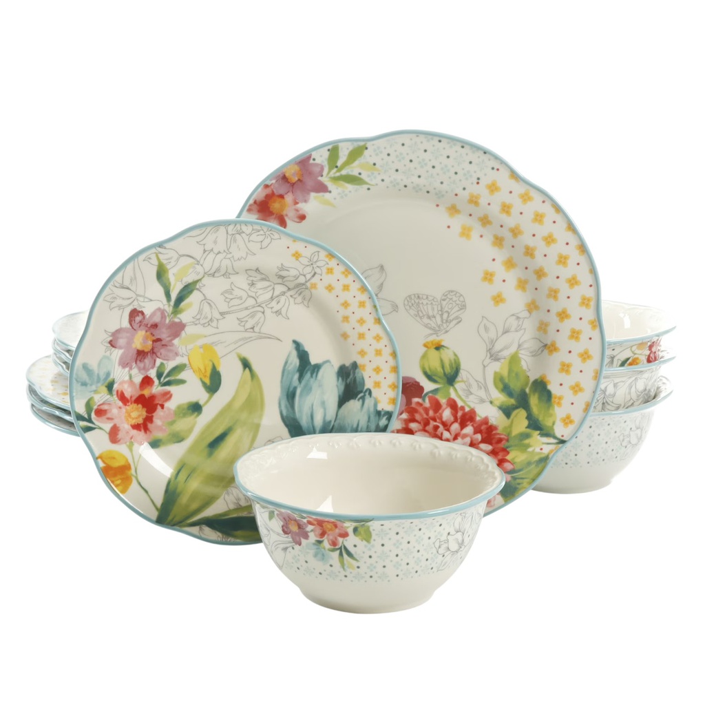 The Pioneer Woman Blooming Bouquet 12 Piece Dinnerware Set, Decorated Stoneware
