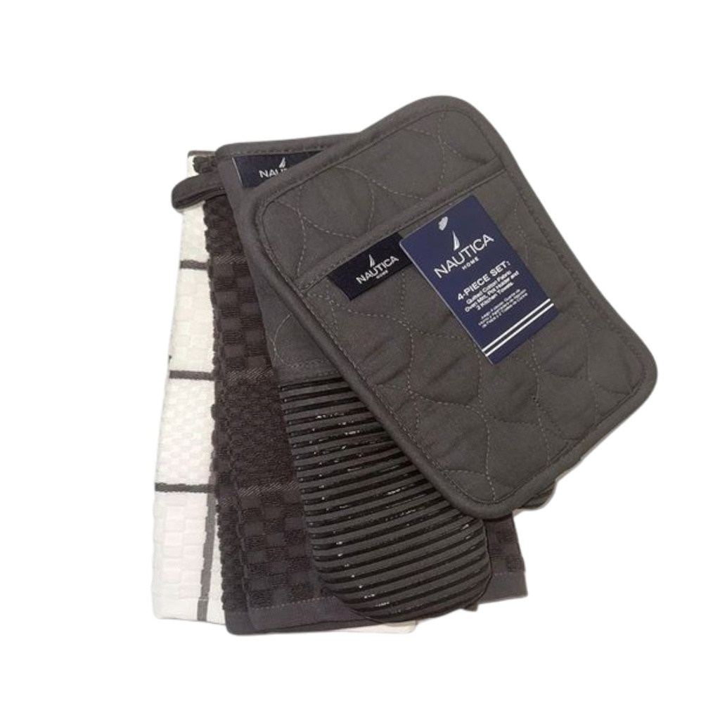 Nautica Home 4-Piece Kitchen Set - Oven Mitt, 2 Dish Towels &amp; Pot Holder, Gray

