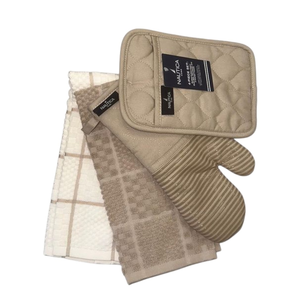Nautica Home 4-Piece Kitchen Set - Oven Mitt, 2 Dish Towels &amp; Pot Holder, Beige

