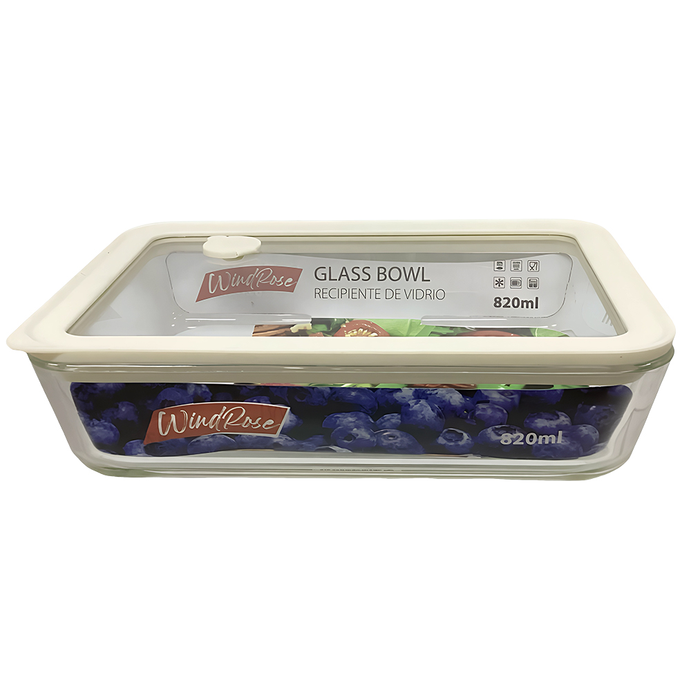 Windrose Glass Bowl with Silicone Lid Rect. White