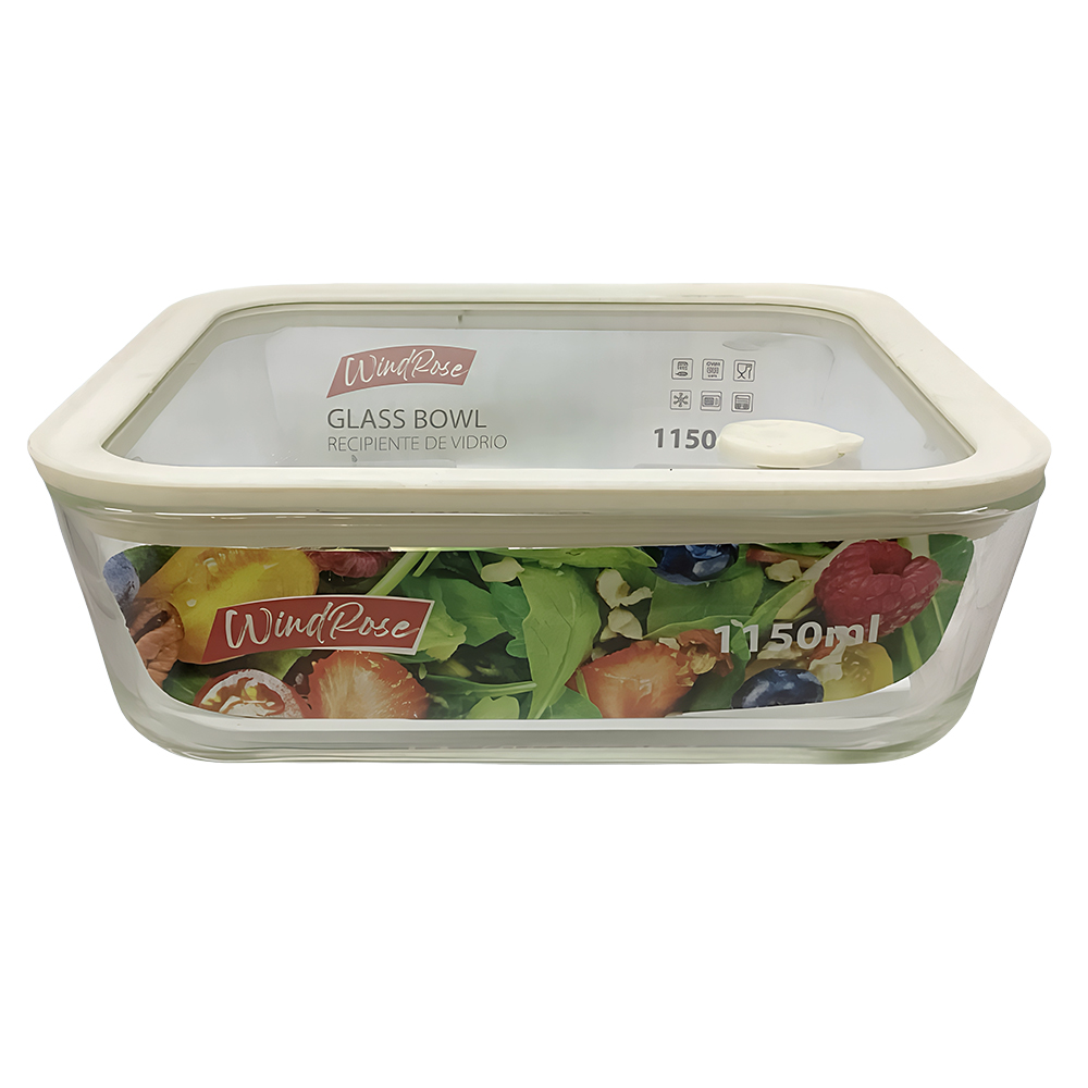 Windrose Glass Bowl with Silicone Lid Square White