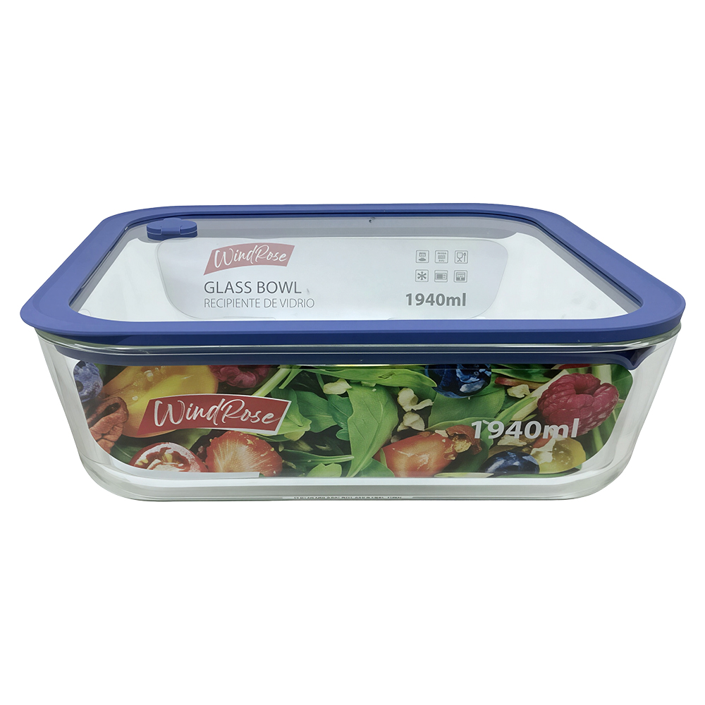Windrose Glass Bowl with Silicone Lid Square Blue