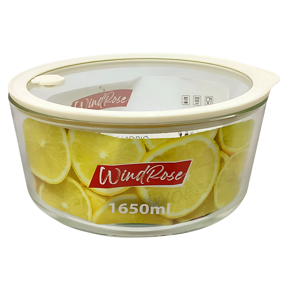 Windrose Glass Bowl with Silicone Lid Round White