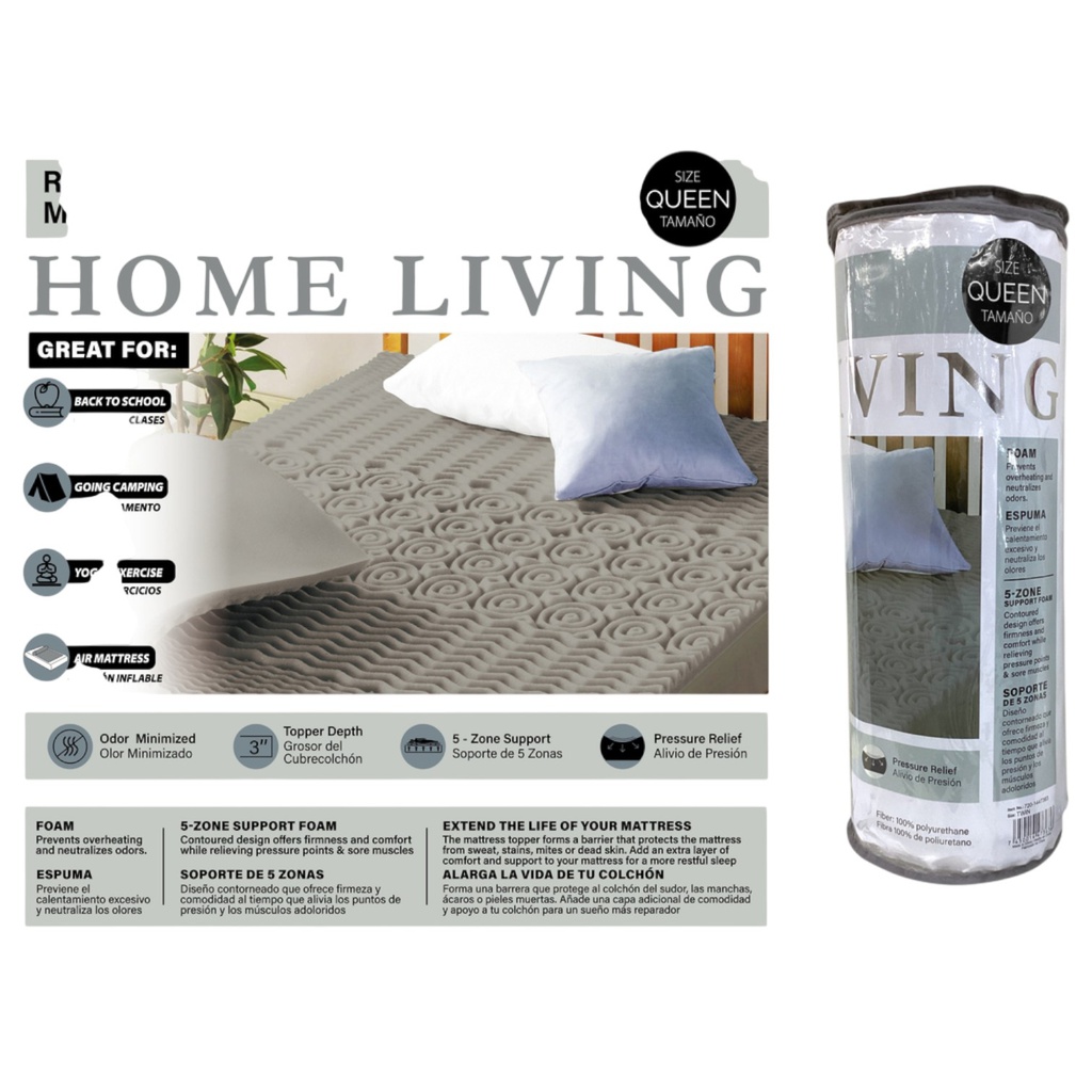Home Living Reversibe Foam Mattress Topper Queen, Gray