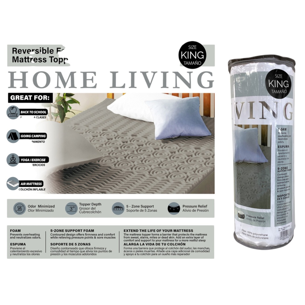 Home Living Reversibe Foam Mattress Topper King, Gray