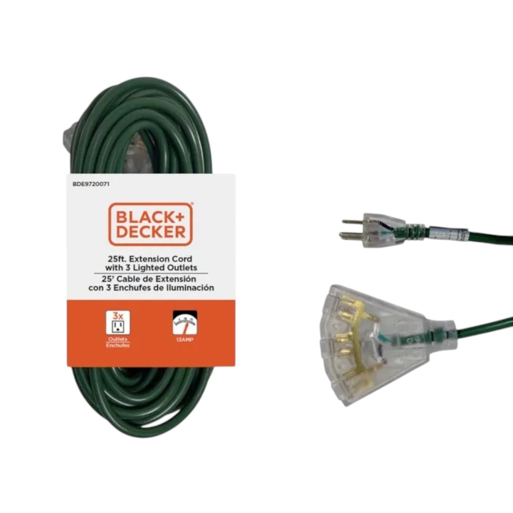 Black &amp; Decker 3-Outlet Outdoor Extension Cord 25 Ft., Green
