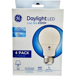 [E50017 / 93131593] GE LED Bulb 9W A19 6500K 800LM UL 4-pack