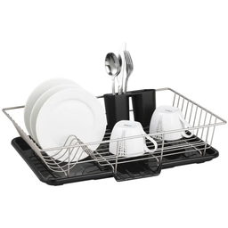 [739-01894] Life Art Dish Rack with Plastic Draining Tray, Black/ Champagne