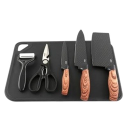 [134816.06] Oster Gunderson 6pc Knife Set w/ Black Cutting Board, PP Wood-Look Handle