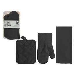 [768-1447072] Perfect Kitchen 3pc Set - Oven Mitt, Potholder, Dish Towel - Black