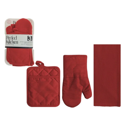 [768-1447075] Perfect Kitchen 3pc Set - Oven Mitt, Potholder, Dish Towel, Red