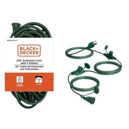 [973-BDE9720077] Black &amp; Decker 3-Outlet Indoor Extension Cord 25 Ft., Green