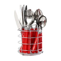 [53529.16] ****Gibson Sensations II 16pc Flatware Set with Wire Caddy - Tumble Finish - Red Plastic Handle / SS 1.2 mm