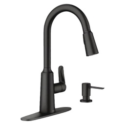 [87028BL] Moen Edwyn Single Handle Lever Pull-Down Kitchen Faucet with Soap Dispenser, Matte Black