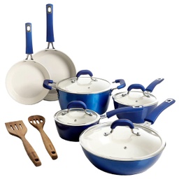 [124985.12] Kenmore Arlington 12pc Cookware Set, White Ceramic Int./ Metallic Blue Ext.