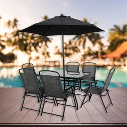 [WMGT-016/FC- 018 RHODSS19878] Mobel Outdoor Dining Set, Six Chairs with Umbrella, Black