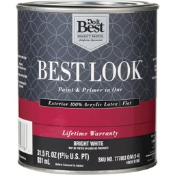 [HW35W0950-14] Best Look 100% Acrylic Latex Paint &amp; Primer In One Flat Exterior House Paint, Bright White, 1 Qt