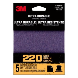 [1/4Sht5pk220] ****3M Ultra Durable 220 Grit Aluminum Oxide 1/4 Sheet Sandpaper 5Pk 5.5x4.5in