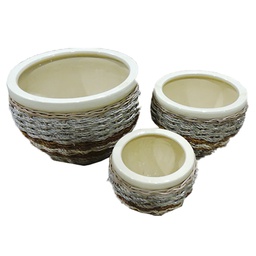 [HG 18-131/3  CHCPP17171] Classy Homes Ceramic Plant Pots Seagrass 3 Piece Set