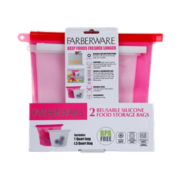 [FG43833] Farberware Silicone Food Storage Bags - White 1 Qt. 9.4 x 6.9in, Pink 1.5 Qt. 11.4 x 8.3in - Set of 2