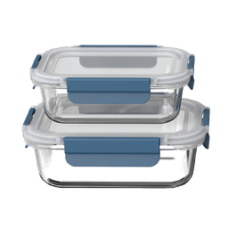 [FG70031] Farberware Nested Rect Glass Containers with Snap Down Lids (12.5/ 35.5 oz) - Blue - Set of 2