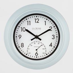 [T82110] La Crosse Indoor/Outdoor Quartz Analog Clock with Thermometer 9 In. Light Blue