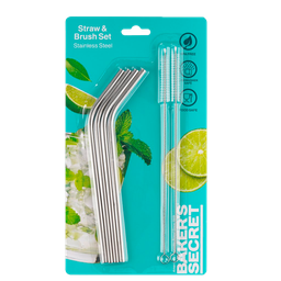 [BS40137] Baker's Secret 6pc Reusable Straws and Cleaning Brush Set, Stainless Steel